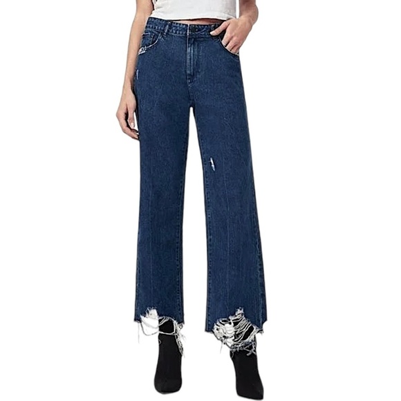 DL1961 Hepburn High Rise Wide Leg Industry Distressed Jeans Blue Dark Wash - Picture 2 of 8